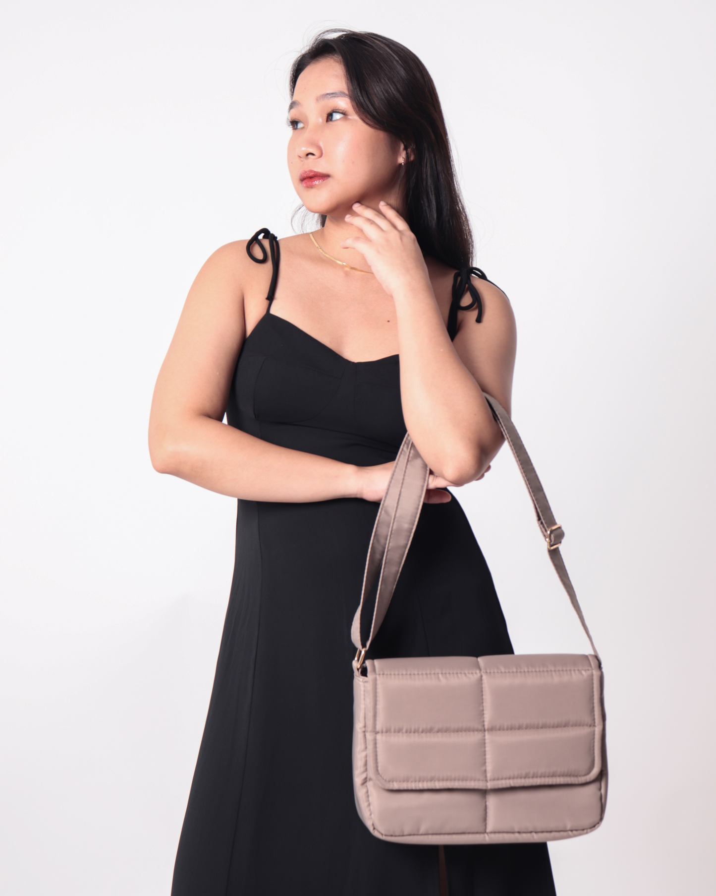 Sleek Puffer Sling Bag in Taupe