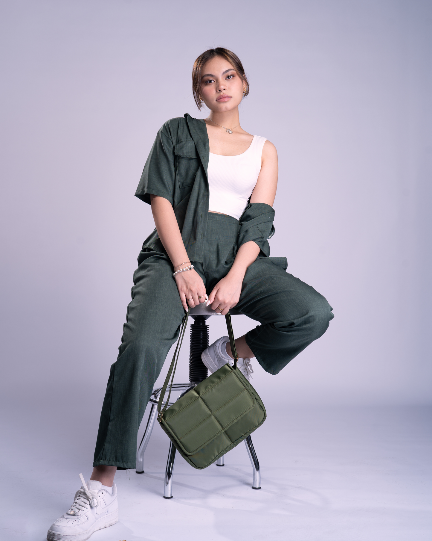 Sleek Puffer Sling Bag in Army Green