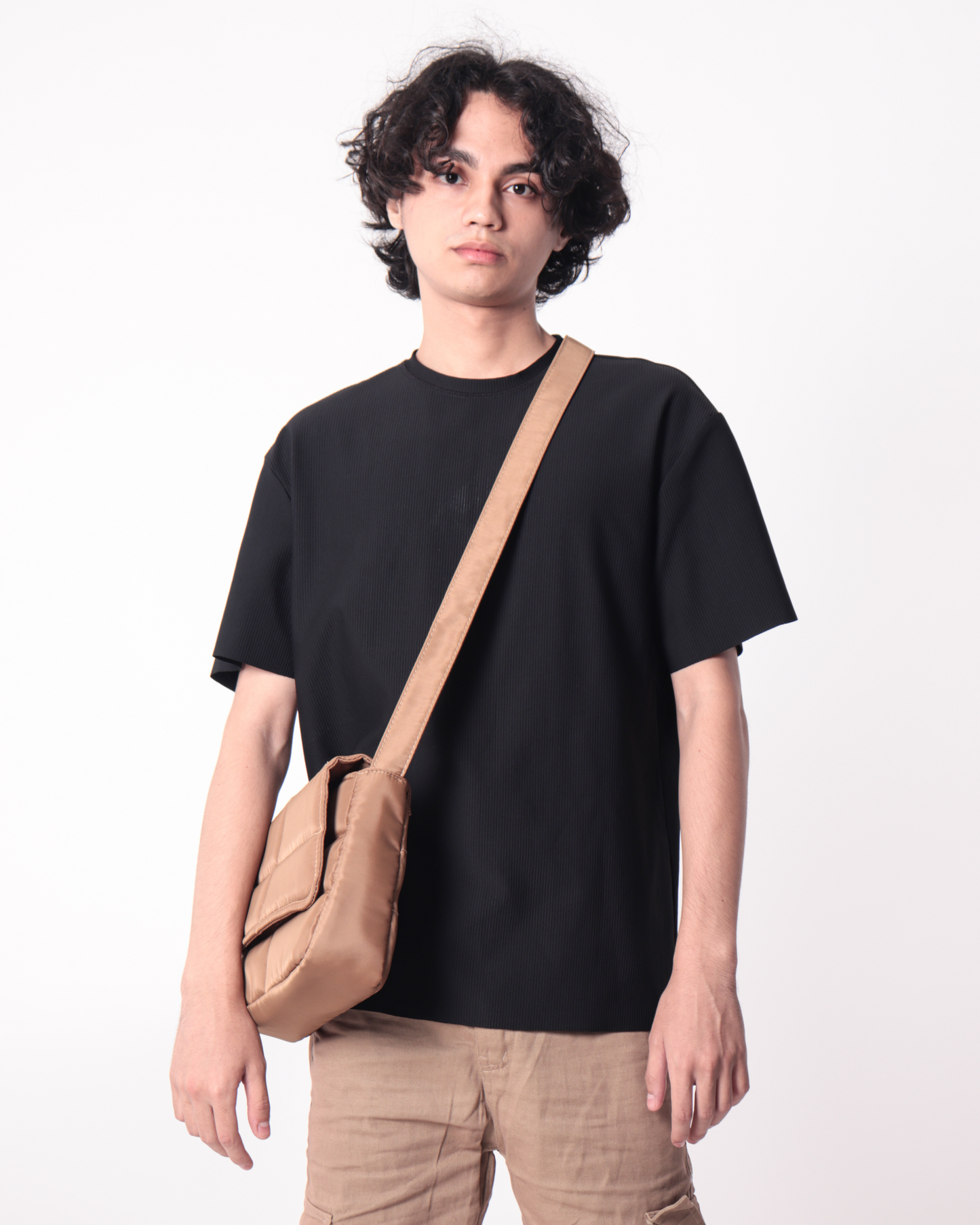 Sleek Puffer Sling Bag in Tan