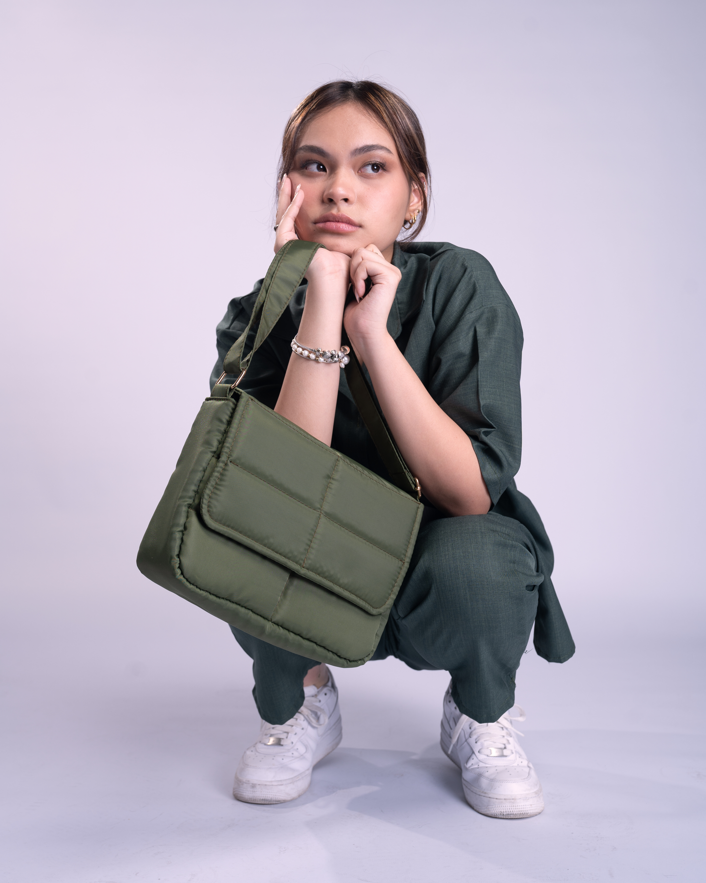 Sleek Puffer Sling Bag in Army Green