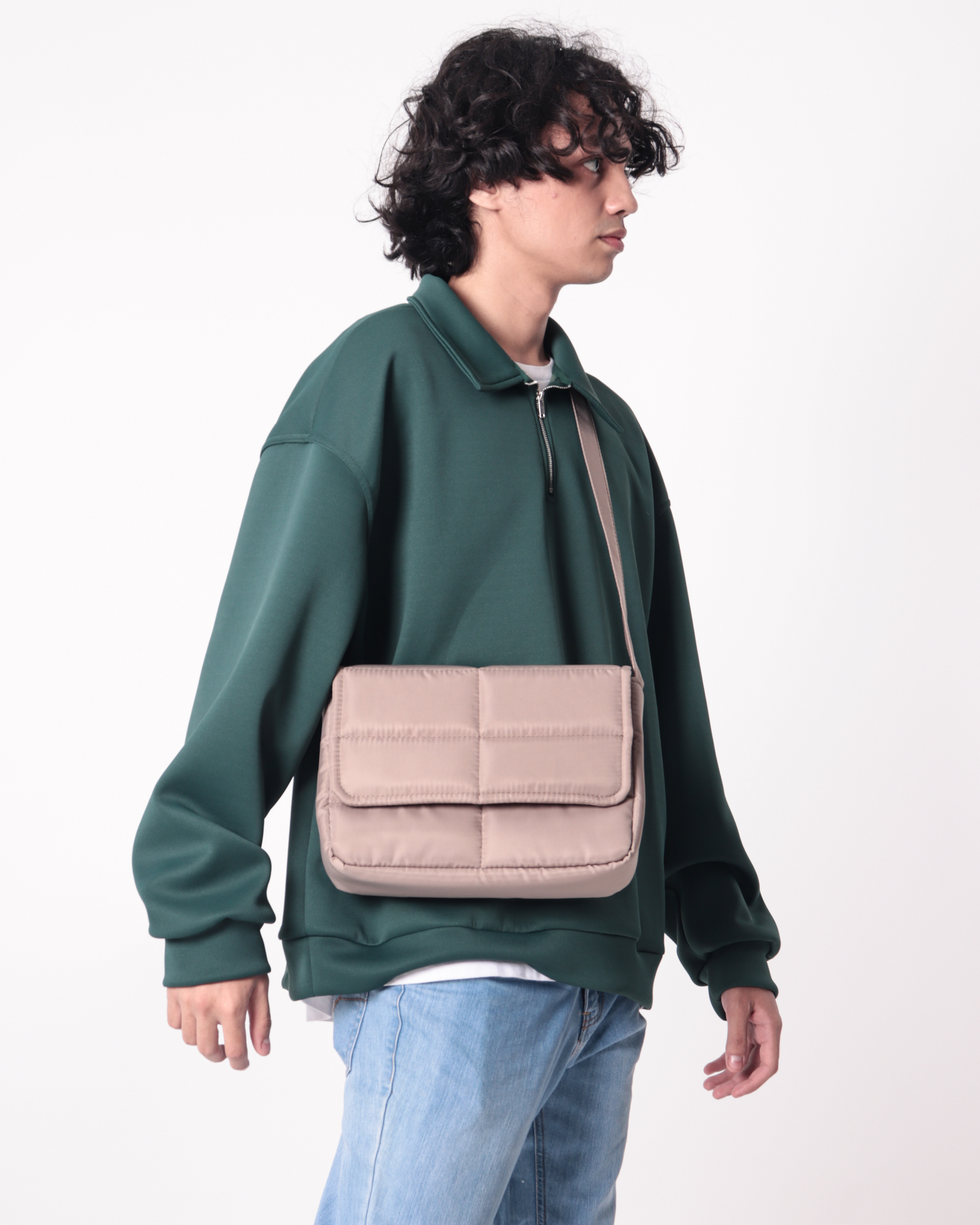 Sleek Puffer Sling Bag in Taupe
