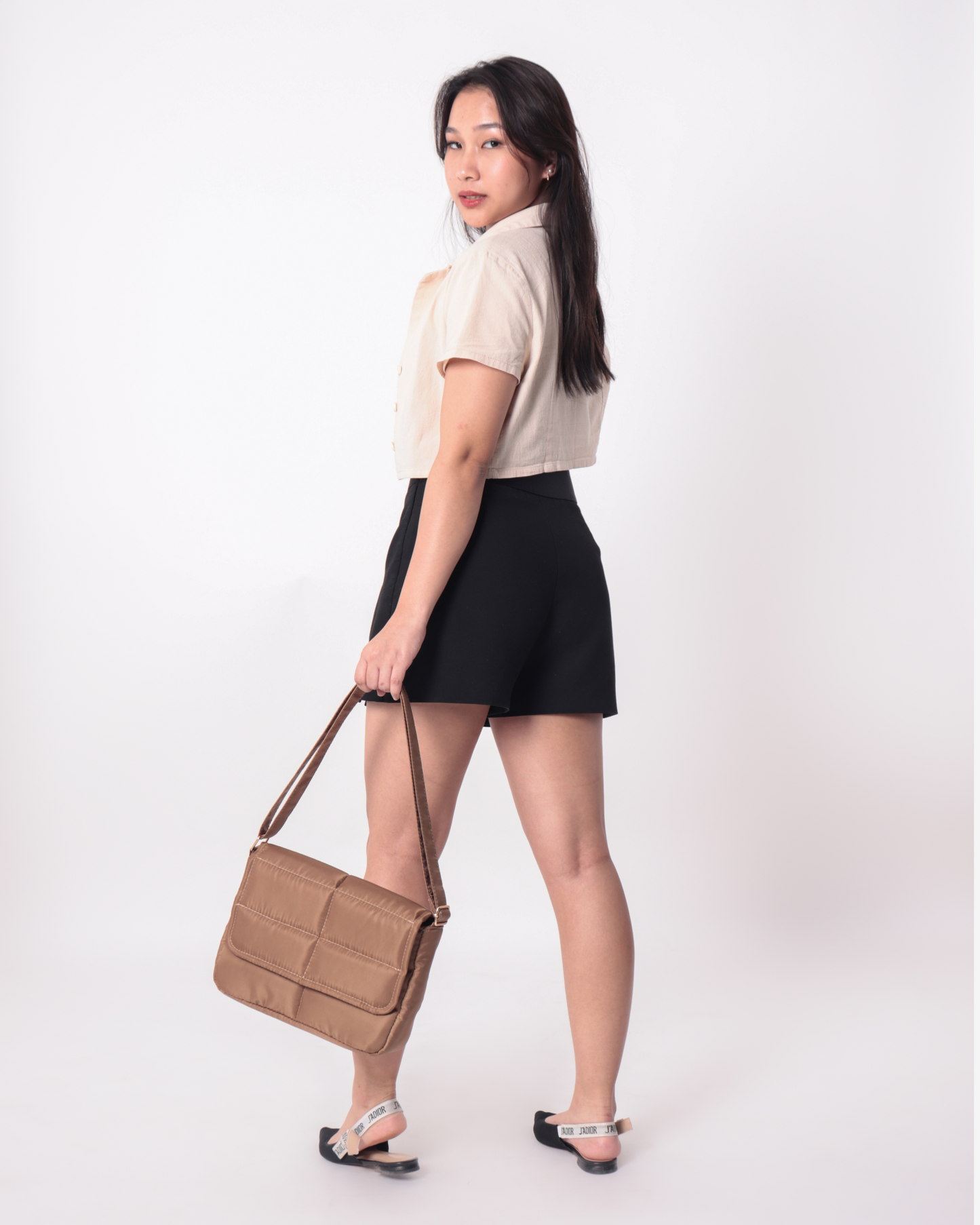 Sleek Puffer Sling Bag in Tan